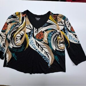 CHICOS Women’s Knit Shirt Size 4 / XXL Top Black/Abstract Print 3/4 Sleeve